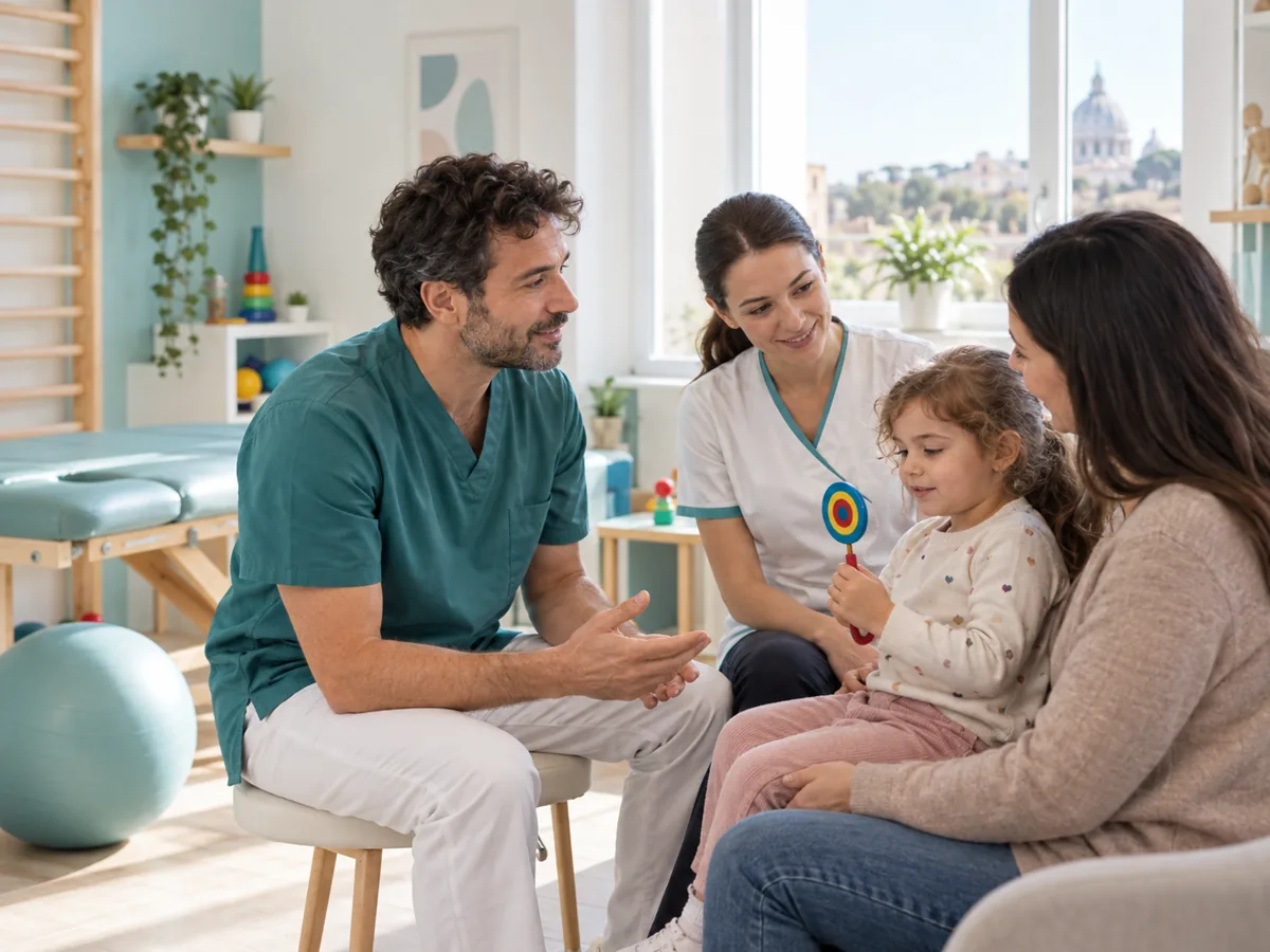 Équipe multidisciplinare con bambino e famiglia