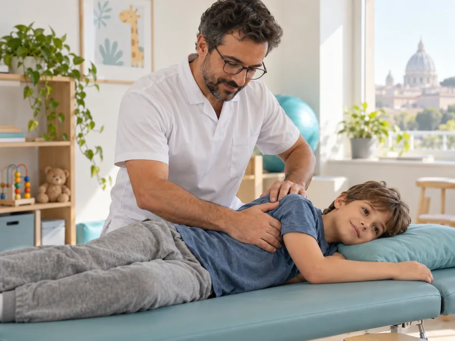 Osteopata durante un trattamento delicato su un bambino di 7-8 anni